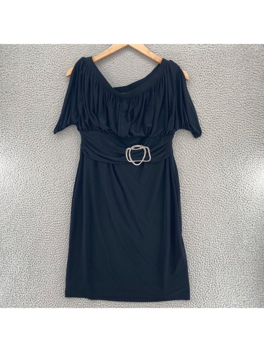 Joseph Ribkoff Dress Womens 12 Black Off Shoulder Empire Waist Blouson Buckle